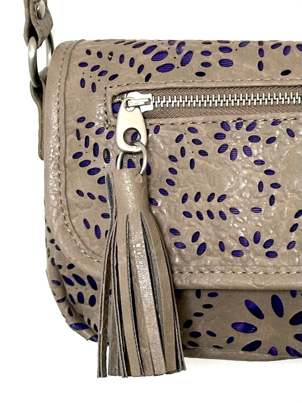 Kensie Girl Taupe Laser-Cut Mini Crossbody Bag with Purple Accent - Picture 4 of 13